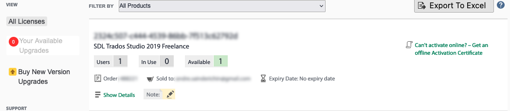 Trados Studio license management screen showing one available SDL Trados Studio 2019 Freelance license with a note icon and a link for offline activation certificate.