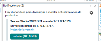 Trados Studio update notification window showing available SR1 version 17.1.8.17828 to install, current version 17.0.5.14757, with an 'Install' button.