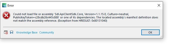 Error message window in Trados Studio showing 'Could not load file or assembly 'Sdl.ApiClientSdk.Core, Version=1.1.15.0' or one of its dependencies. Assembly manifest definition does not match the reference. Exception from HRESULT: 0x80131040'.