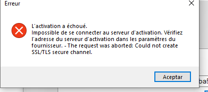 Error message in Trados Studio activation window stating 'The activation failed, Impossible to connect to the activation server. Check the server address in the provider settings - The request was aborted: Could not create SSLTLS secure channel.' with an 'Accept' button.