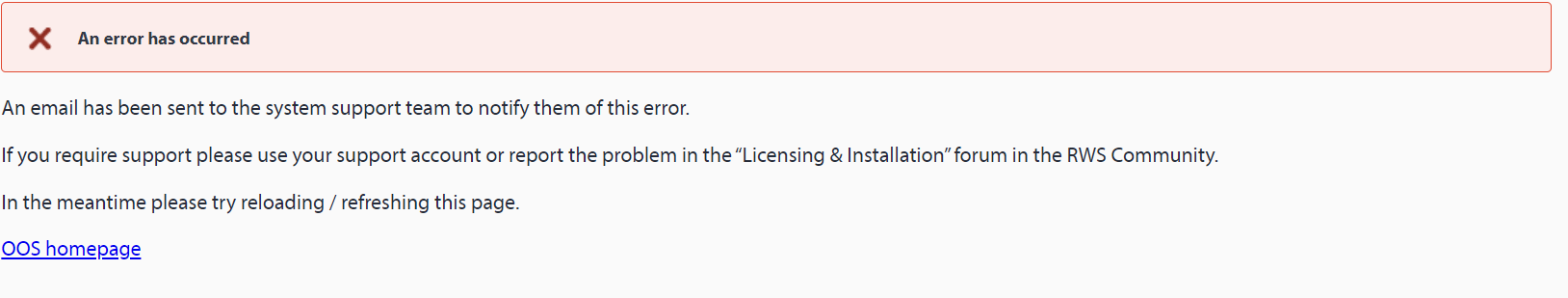 Error message on Trados Studio license activation page stating 'An error has occurred' with instructions to contact support or visit the RWS Community forum.