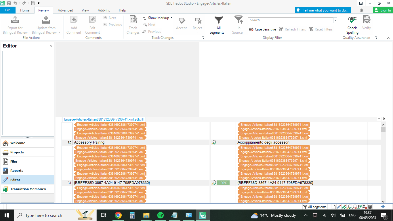 Trados Studio interface with all options greyed out, showing multiple instances of the same file 'Engage-Articles-Italian' in the project view.