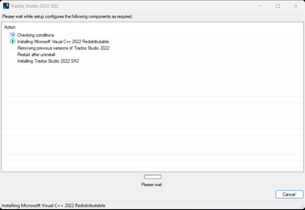 Trados Studio 2022 SR2 installation screen showing actions: Checking conditions, Installing Microsoft Visual C++ 2022 Redistributable, and Installing Trados Studio 2022 SR2 with a progress bar stuck.