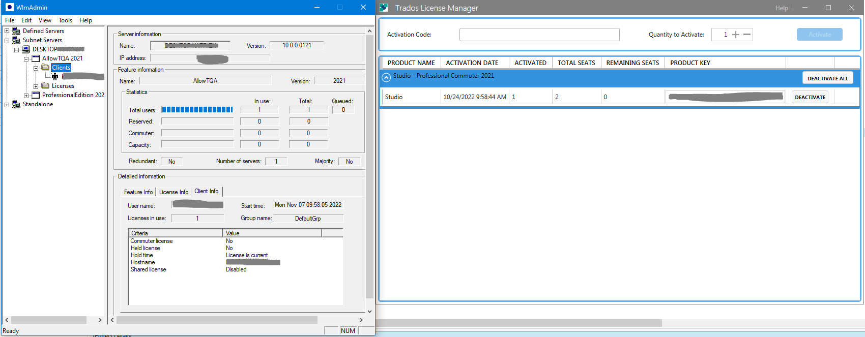Screenshot of SafeNet License Manager showing one license in use under 'ProfessionalEdition 2021' with server information and feature information displayed.