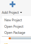 Trados Studio Manager Beta with 'Add Project' drop-down menu open showing options 'New Project', 'Open Project', and 'Open Package'.