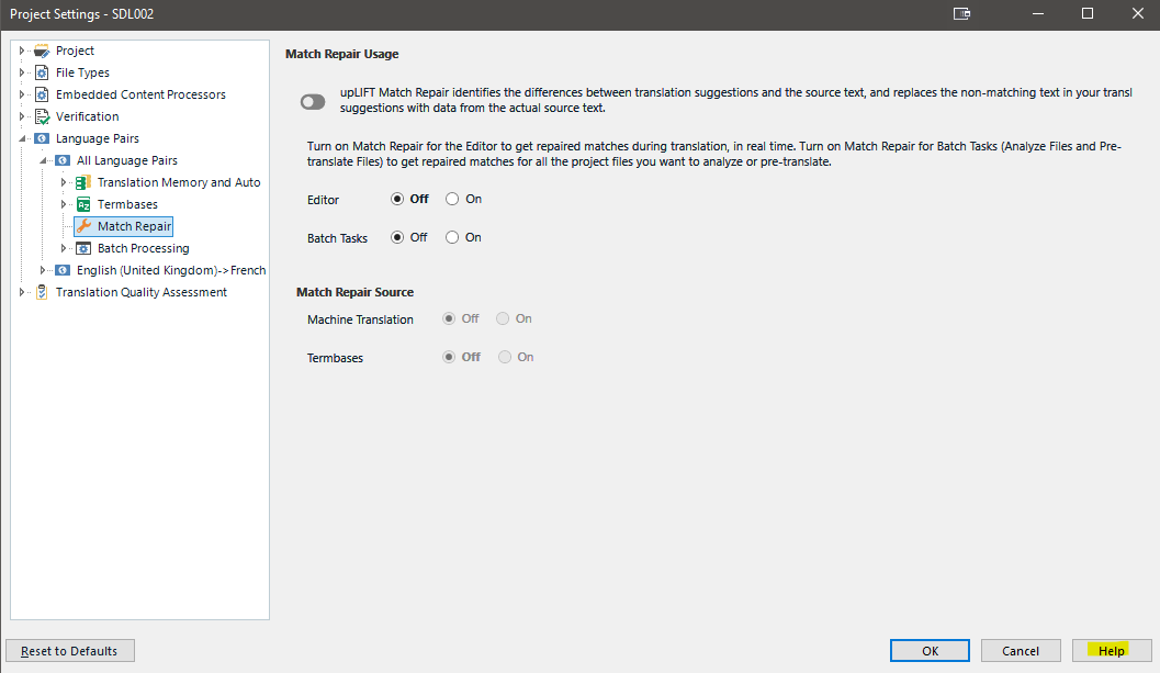 Trados Studio Project Settings with 'Match Repair' turned off for both Editor and Batch Tasks to enhance stability.