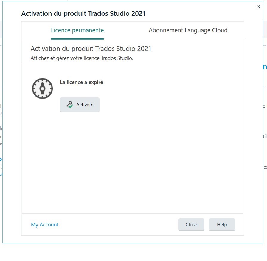 Trados Studio 2021 product activation screen displaying a message 'La licence a expire' with an 'Activate' button, indicating the license has expired.