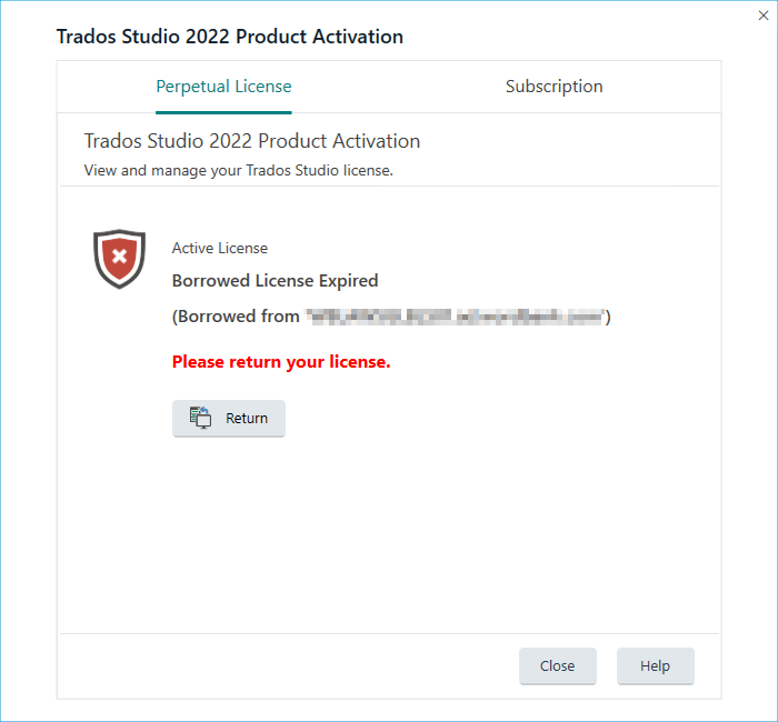 Trados Studio 2022 Product Activation window showing an error message 'Borrowed License Expired' with a 'Return' button below.