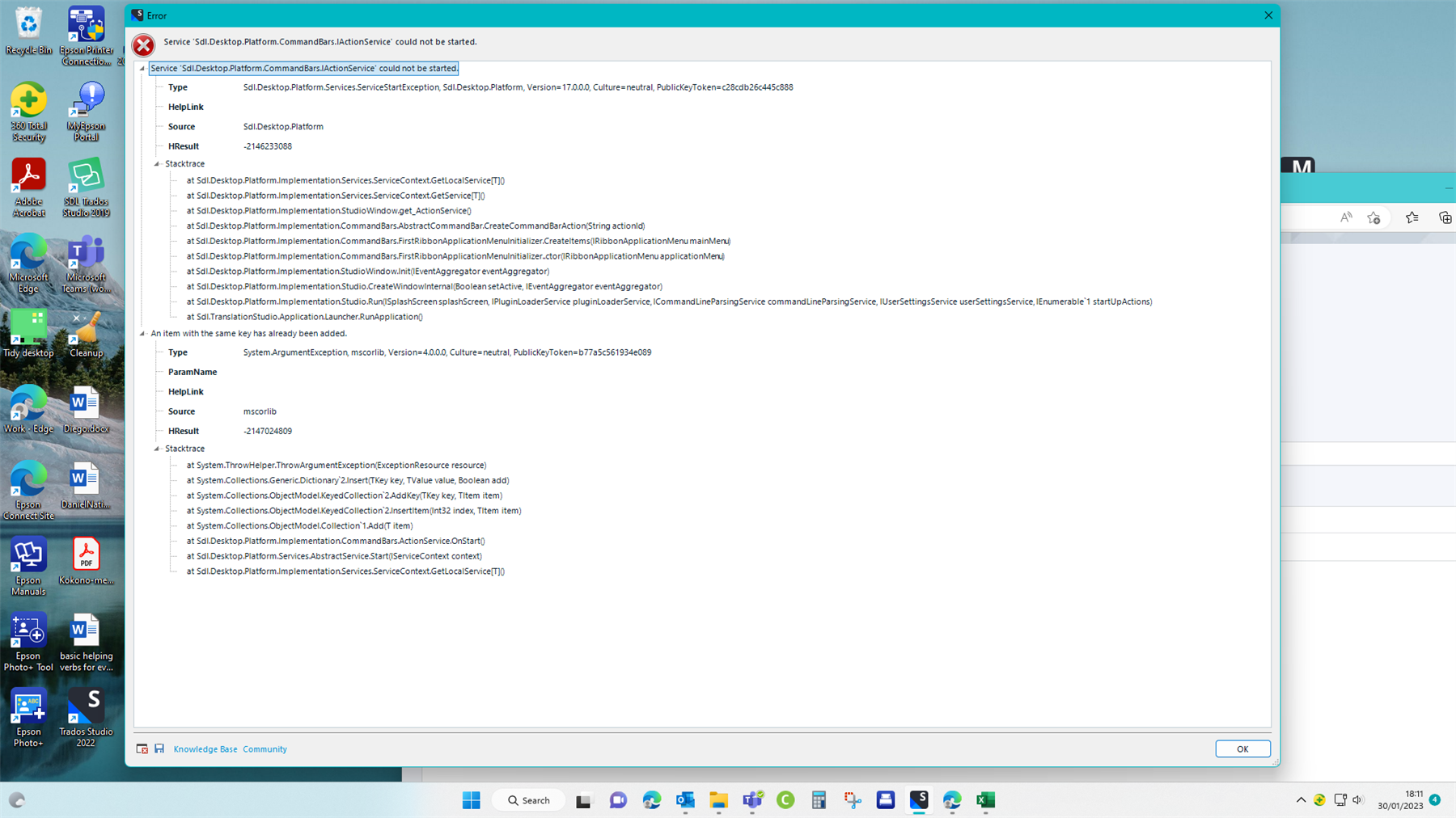Error message on Trados Studio stating 'Sdl.Desktop.Platform.CommandBars.ActionService' could not be started with a stack trace of system errors and a 'HelpLink' to Sdl.Desktop.Platform.