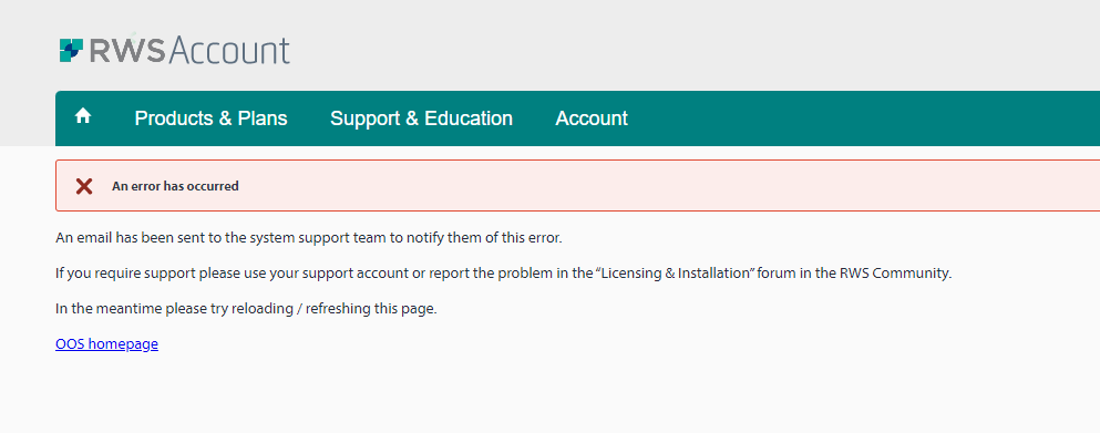 RWS Account webpage with an error message displayed. It reads 'An error has occurred' and advises to reload the page or contact support.