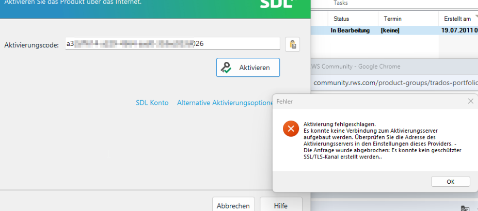 Screenshot of Trados Studio 2017 activation screen with an obscured activation code entered, and an 'Activate' button visible. A separate error message window shows 'Activation failed' in German, indicating no connection with the activation server.