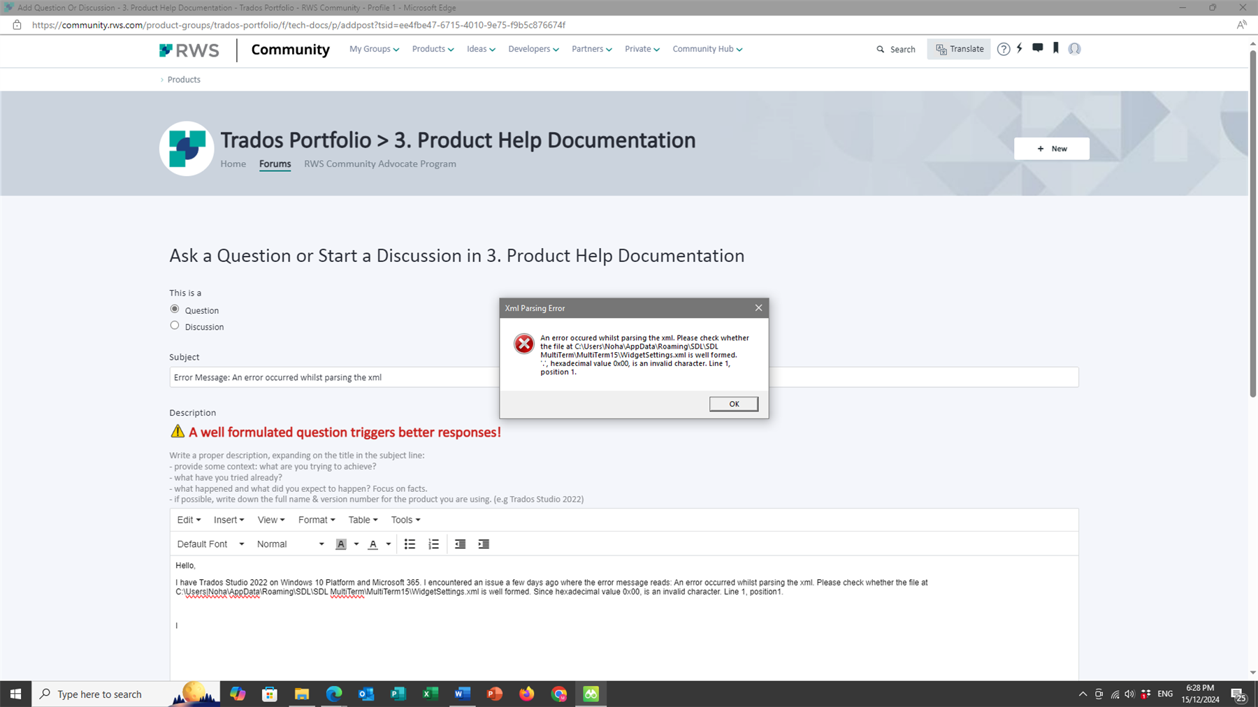 Screenshot of a forum post on RWS Community titled 'Error Message: An error occurred whilst parsing the xml' with a pop-up error message stating 'An error occurred whilst parsing the xml. Please check whether the file at C:UsersNohaAppDataRoamingSDLSDL MultiTermMultiTerm15WidgetSettings.xml is well formed. Hexadecimal value 0x00, is an invalid character. Line 1, position 1.'