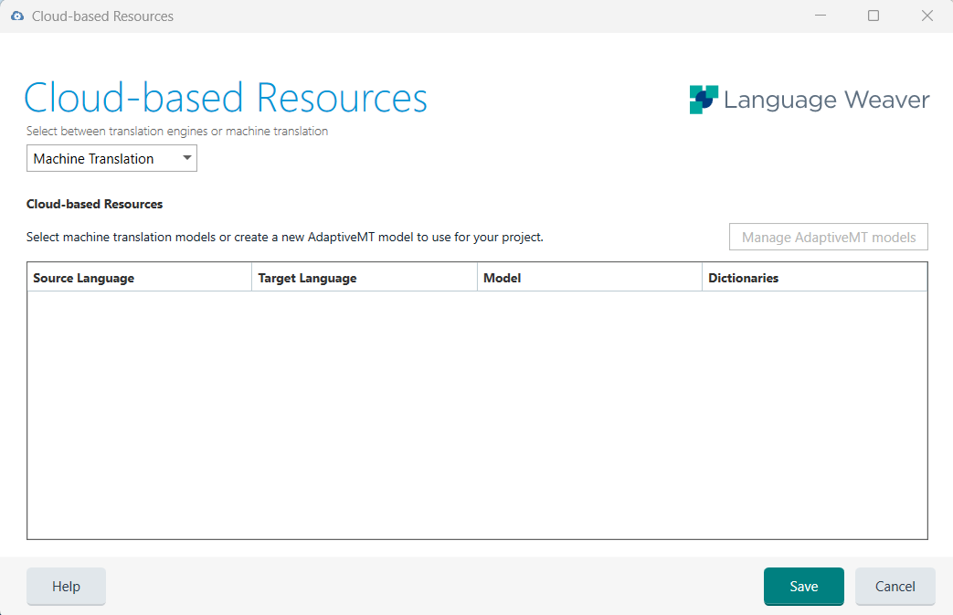 Trados Studio Cloud-based Resources window showing Machine Translation tab with no available options and greyed out Manage AdaptiveMT models button.