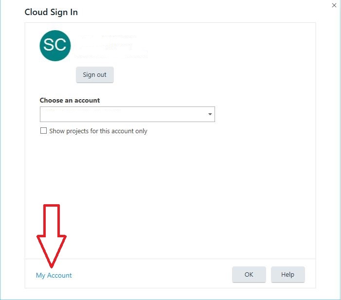 Trados Studio Cloud Sign In window with user initials 'SC', a dropdown menu to choose an account, and an arrow pointing to 'My Account' button.