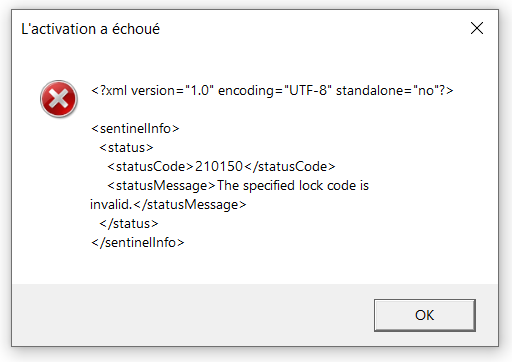 Error dialog box in SDL Trados Studio activation with a red cross symbol and message: 'L'activation a  chou '. XML content showing status code 211050 and message 'The specified lock code is invalid.' with an OK button.