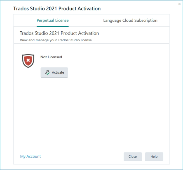 Trados Studio 2021 Product Activation window showing 'Not Licensed' error with an activate button.