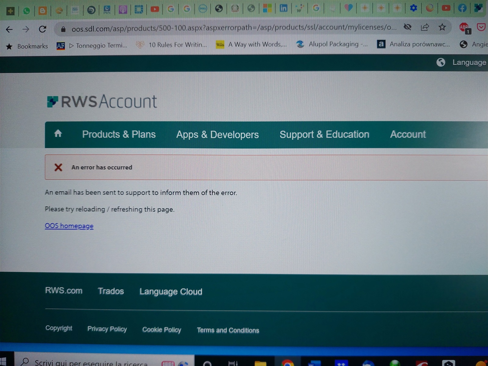 Error message on RWS Account page stating 'An error has occurred' with instructions to reload the page and a link to the OOS homepage.