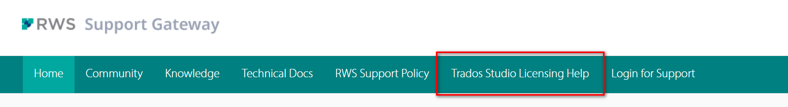 RWS Support Gateway webpage with navigation tabs including Home, Community, Knowledge, Technical Docs, RWS Support Policy, Trados Studio Licensing Help highlighted, and Login for Support.