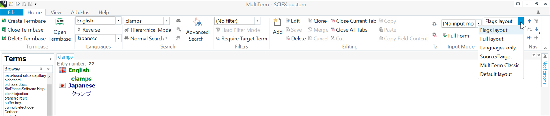 Trados Studio MultiTerm window showing a term base with English and Japanese languages. The view is set to 'Flags layout' with the term 'clamps' highlighted in the list.
