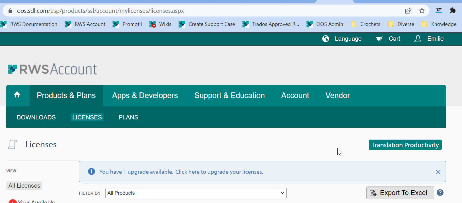 RWS Account Licenses page with a notification stating 'You have 1 upgrade available. Click here to upgrade your licenses.' and options for Products & Plans, Apps & Developers, Support & Education, Account, and Vendor.
