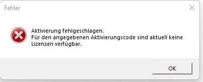 Error dialog box in Trados Studio with a red cross icon, stating 'Activation failed. No licenses available for the entered activation code.' with an OK button.