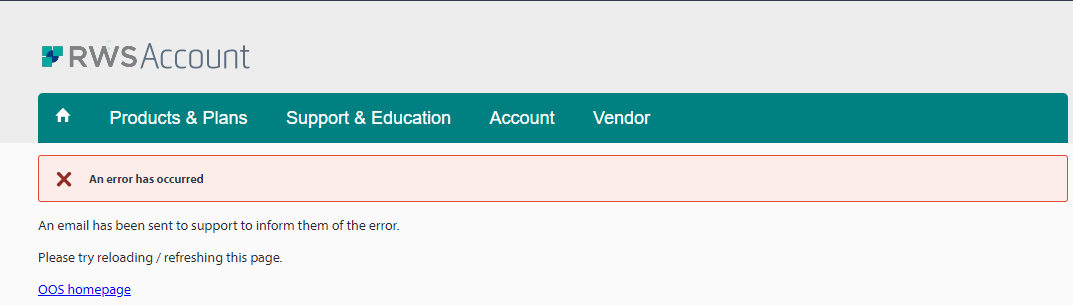 Screenshot of RWS Account page with an error message stating 'An error has occurred' and instructions to reload the page or contact support.