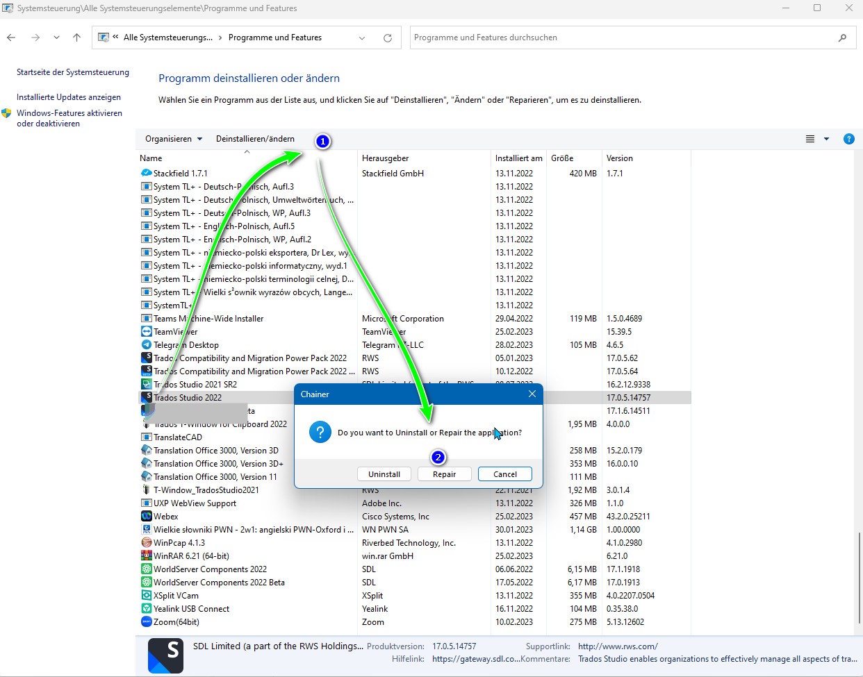 Screenshot of Windows Programs and Features list with Trados Studio 2021 SR2 highlighted. A dialog box asks 'Do you want to Uninstall or Repair the application?' with options for both.