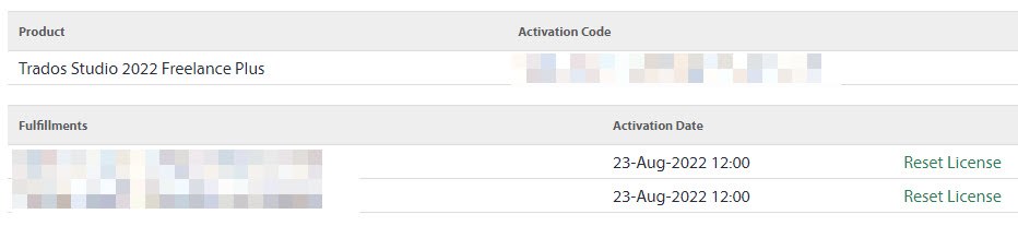 Screenshot showing Trados Studio 2022 Freelance Plus product with two license fulfillments, both activated on 23-Aug-2022 at 12:00, with 'Reset License' options available next to each activation date.