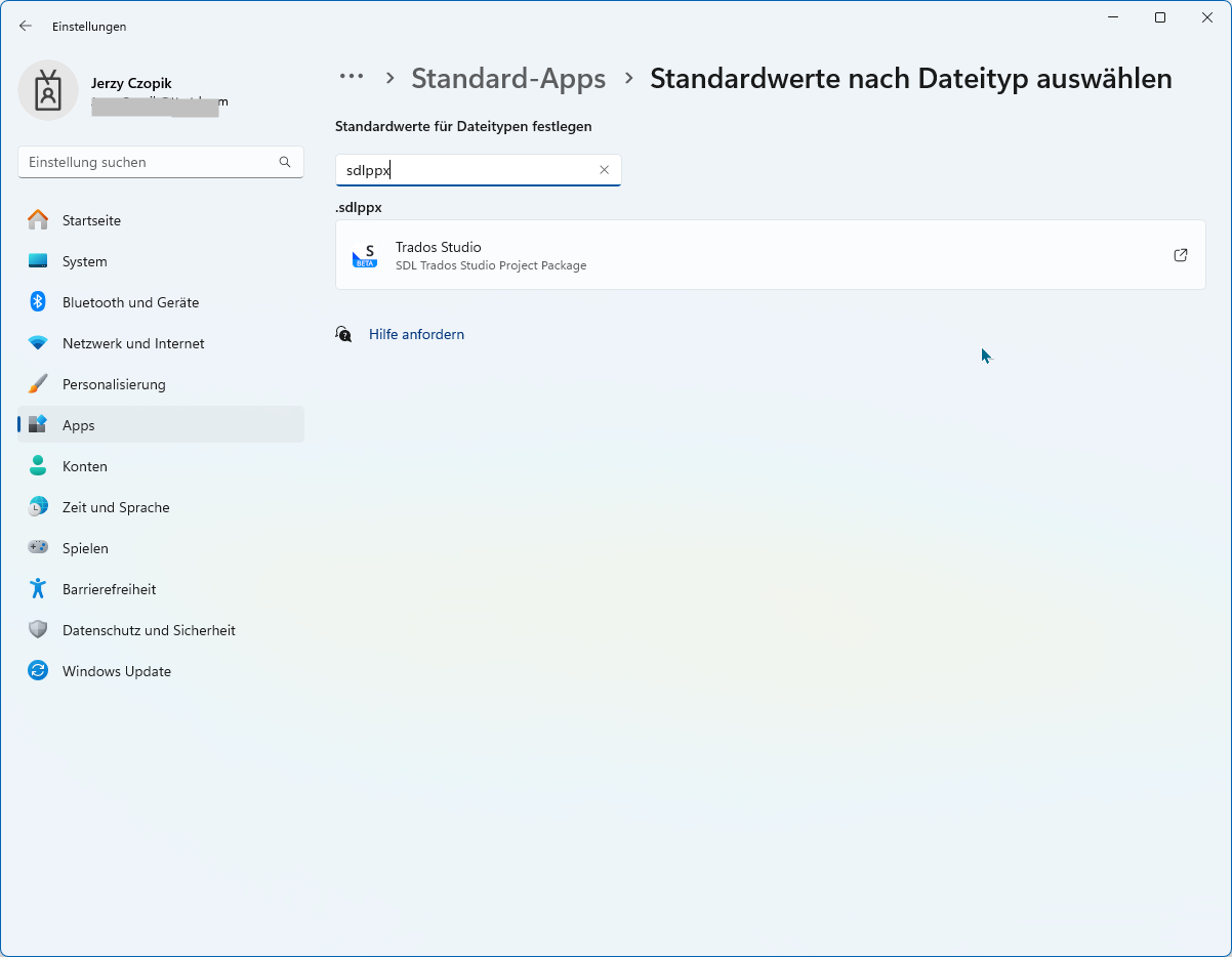 Standard-Apps settings window with 'Standardwerte fur Dateitypen festlegen' search box containing '.sdlppx'. Below, 'SDL Trados Studio' is displayed as a search result.