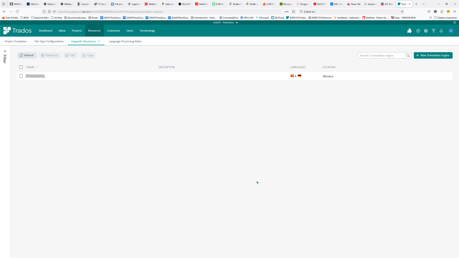 Screenshot of a Trados project templates page with an empty list, showing navigation tabs and user interface elements.