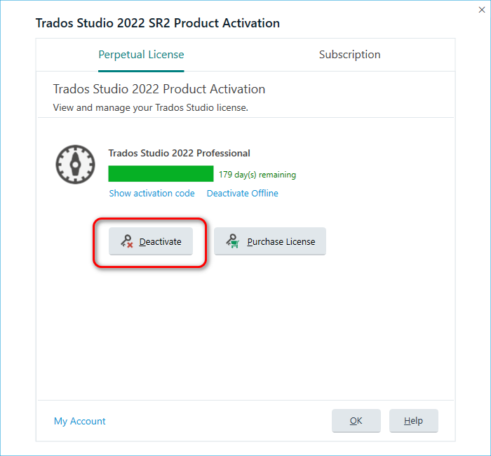 Trados Studio 2022 SR2 Product Activation window showing a 'Deactivate' button highlighted.