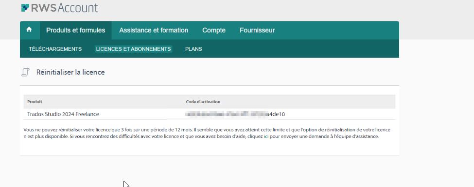 Screenshot of a license reset page for 'Trados Studio 2024 Freelance' with a message indicating the license cannot be reset more than 3 times in 12 months and the option is no longer available.