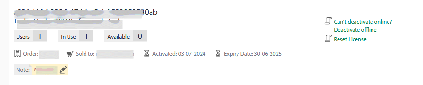 Screenshot of a software licensing interface showing 1 user, 1 in use, 0 available. Options to deactivate offline and reset license are visible. Activation and expiry dates are shown.