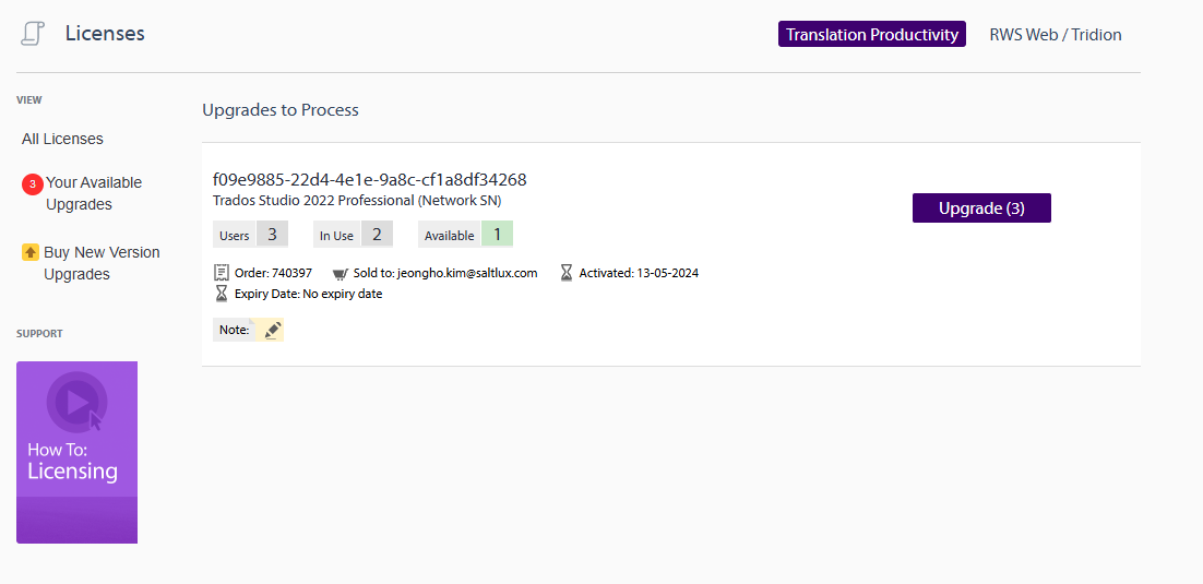 Licenses page showing 'Upgrades to Process' section with Trados Studio 2022 Professional license details, 3 users, 2 in use, 1 available, and an 'Upgrade (3)' button.