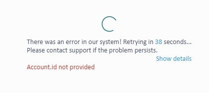 Error message in Trados Studio Language Cloud: 'There was an error in our system! Retrying in 38 seconds... Please contact support if the problem persists. Account.id not provided'.