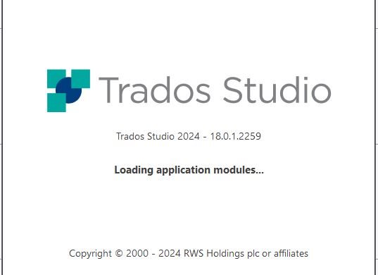 Trados Studio splash screen displaying version 2024 - 18.0.1.2259 with a message 'Loading application modules...' at the bottom.