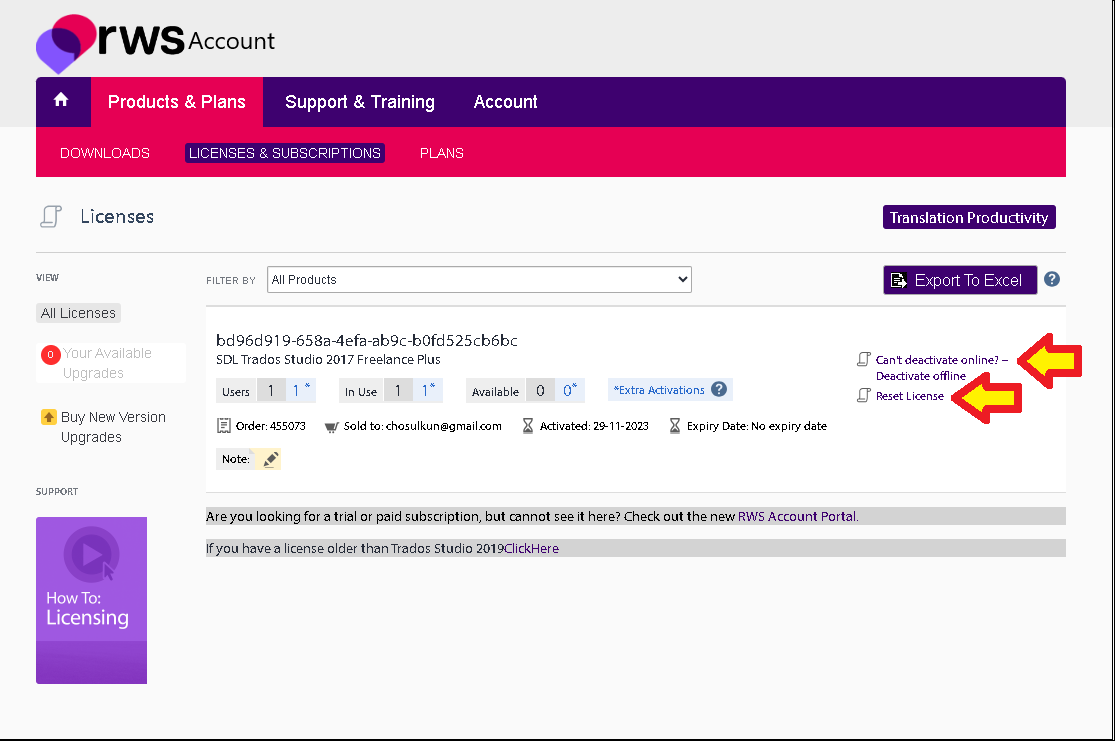 RWS Account page showing the Licenses & Subscriptions tab with details of an SDL Trados Studio 2017 Freelance Plus license. Yellow arrows point to 'Deactivate offline' and 'Reset License' options.