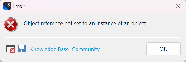 Error dialog box in Trados Studio displaying message: 'Object reference not set to an instance of an object.' with an OK button and links to Knowledge Base and Community.