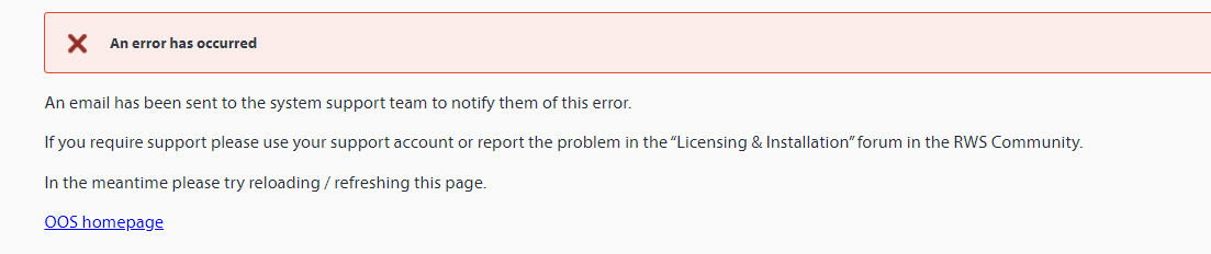 Error message in Trados Studio stating 'An error has occurred' with instructions to reload the page and links to support and homepage.