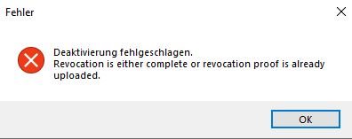 Error message in Trados Studio stating 'Deactivation failed. Revocation is either complete or revocation proof is already uploaded.' with an OK button.
