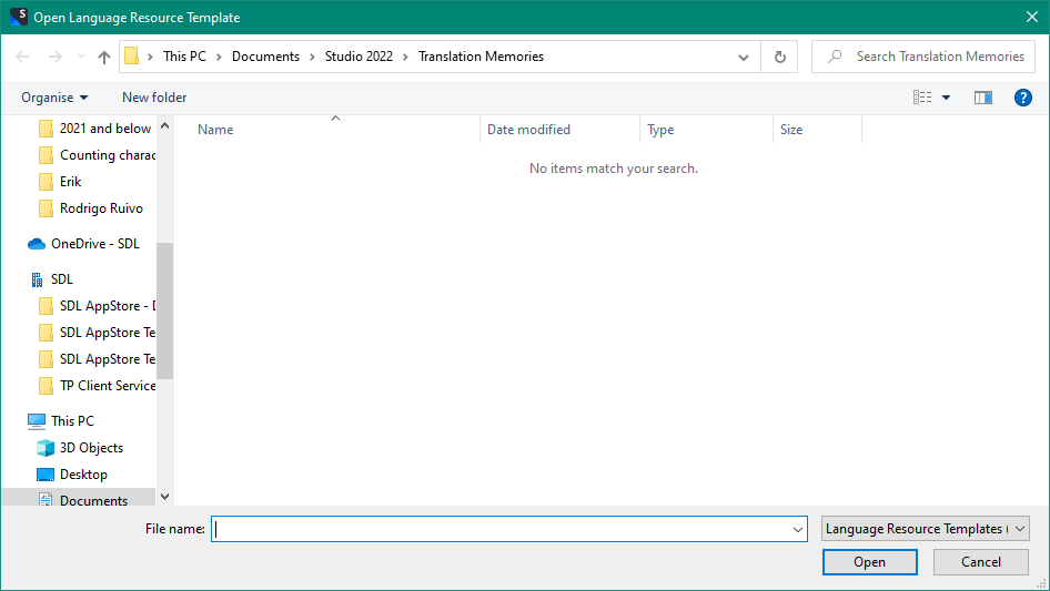 Screenshot of Trados Studio's 'Open Language Resource Template' window showing an empty list of translation memories with a message 'No items match your search.'