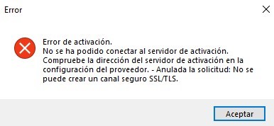 Activation error message in Trados Studio stating 'Error de activacion. No se ha podido conectar al servidor de activacion. Compruebe la direccion del servidor de activacion en la configuracion del proveedor. - Anulada la solicitud: No se puede crear un canal seguro SSLTLS.' with an Accept button.