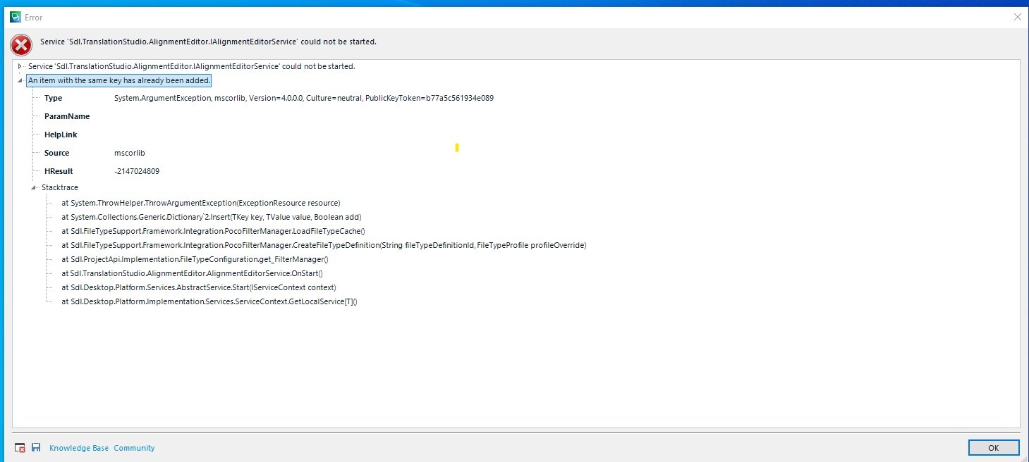 Error dialog from SDL TranslationStudio stating 'Service 'Sdl.TranslationStudio.AlignmentEditor.AlignmentEditorService' could not be started. An item with the same key has already been added.' with a stack trace below.