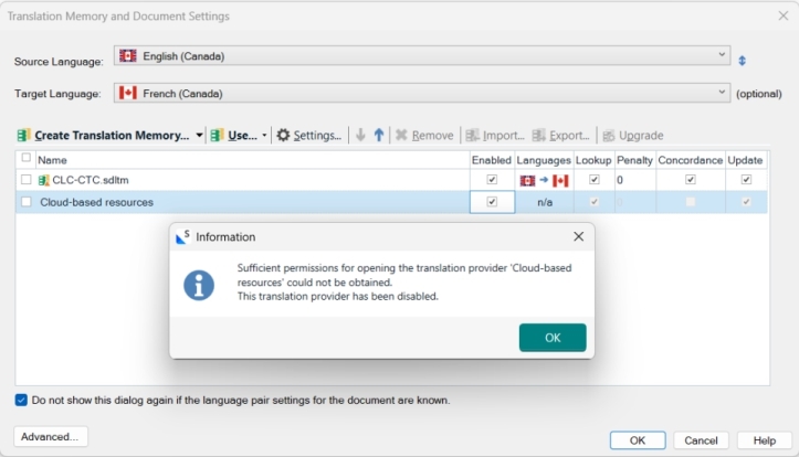 Translation Memory and Document Settings window with an error message stating 'Sufficient permissions for opening the translation provider Cloud-based resources could not be obtained. This translation provider has been disabled.'