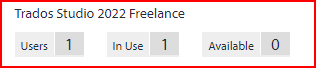 Trados Studio 2022 Freelance license management showing 1 user, 1 license in use, and 0 available licenses.