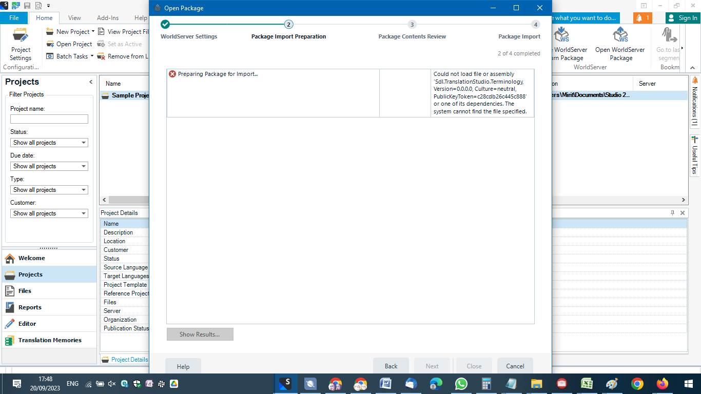 Screenshot of Trados Studio 2022 with an error message during package import. The message states 'Could not load file or assembly 'Sdl.TranslationStudio.Terminology' or one of its dependencies.'