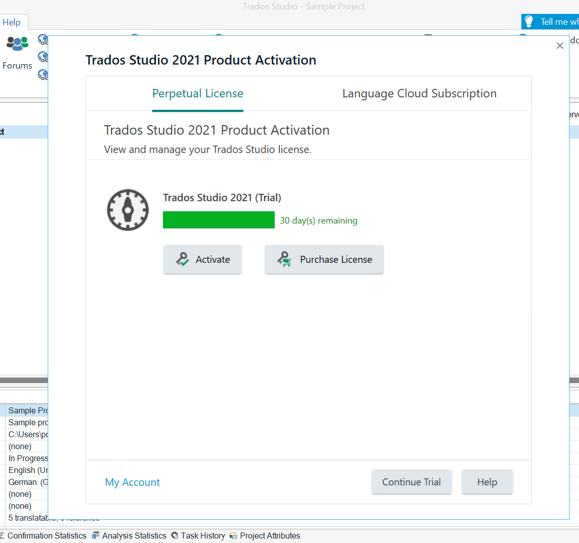 Screenshot of Trados Studio 2021 Product Activation window showing a trial version with 30 days remaining, with options to activate or purchase a license.