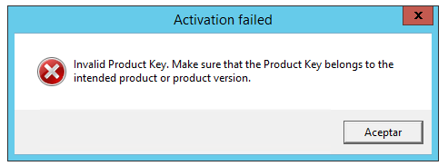 Error message in Trados Studio activation window saying 'Activation failed. Invalid Product Key. Make sure that the Product Key belongs to the intended product or product version.' with an 'Aceptar' button.