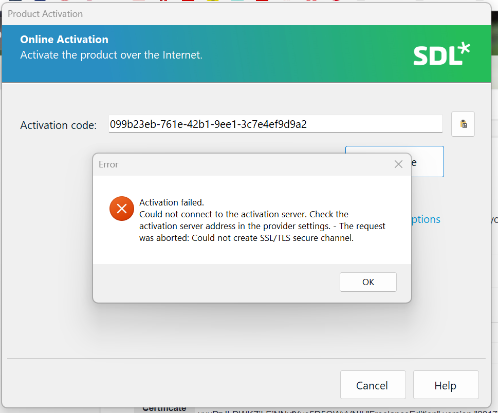 Screenshot of a Product Activation window for SDL software showing an error message. The error reads 'Activation failed. Could not connect to the activation server. Check the activation server address in the provider settings. - The request was aborted: Could not create SSLTLS secure channel.' There is an activation code field above the error with a code partially visible.