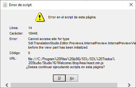 Error message in Trados Studio indicating a script error on a webpage with options to continue 'Yes' or 'No'.